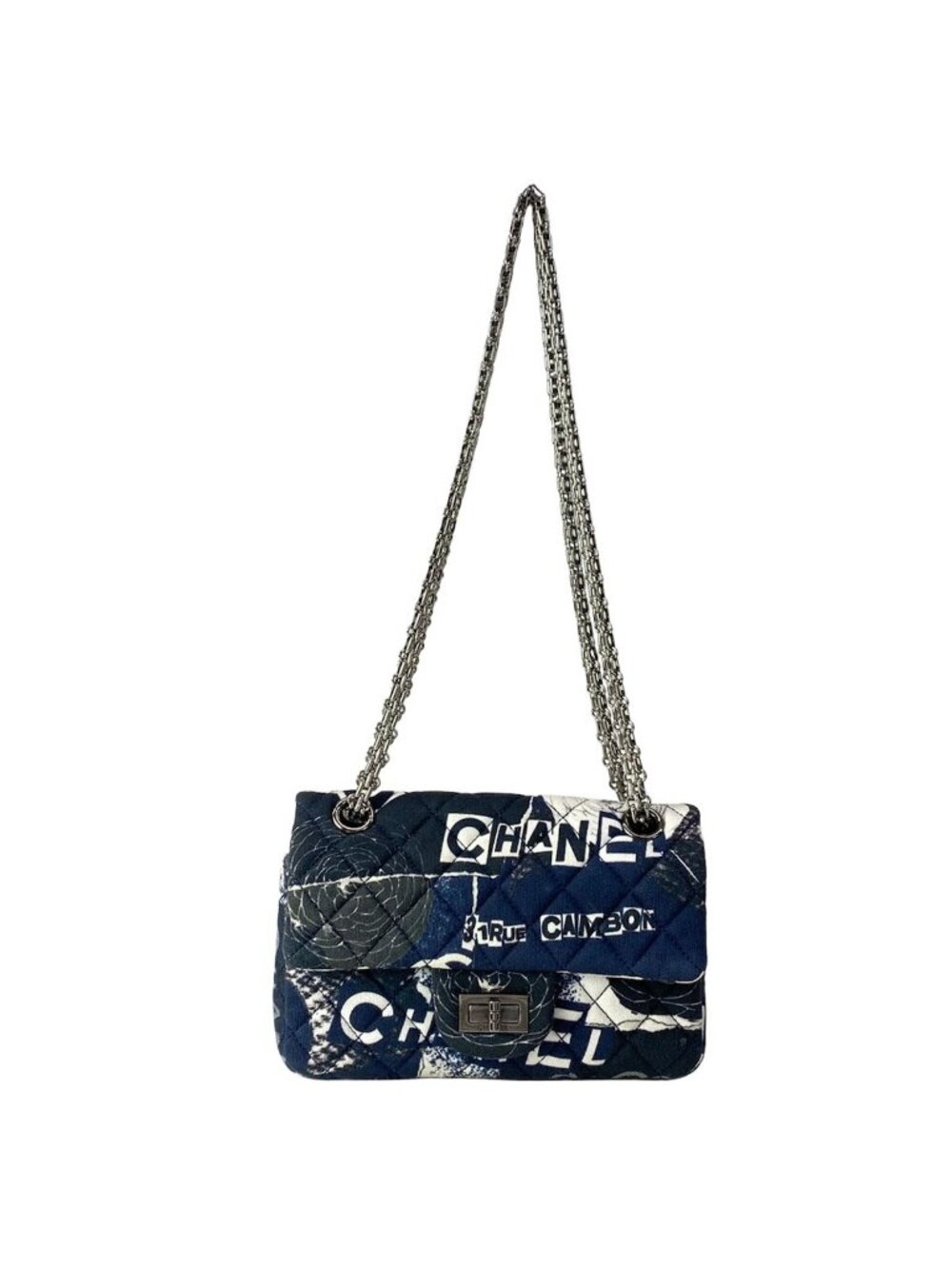 Chanel Shoulder Bag 2.55 Mini Quilted Dark Navy Ivory Black Graffiti Camellia